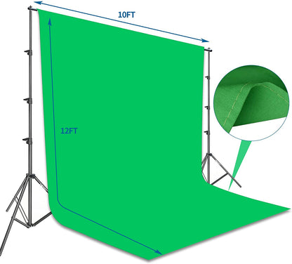 Green Screen Backdrop Stand Kit - 8.5 x 10 Ft Photography Support System with 10 x 12 Ft 100% Cotton Muslin Chromakey Backdrop